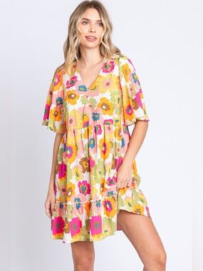 GeeGee Floral V-Neck Ruffle Hem Mini Dress